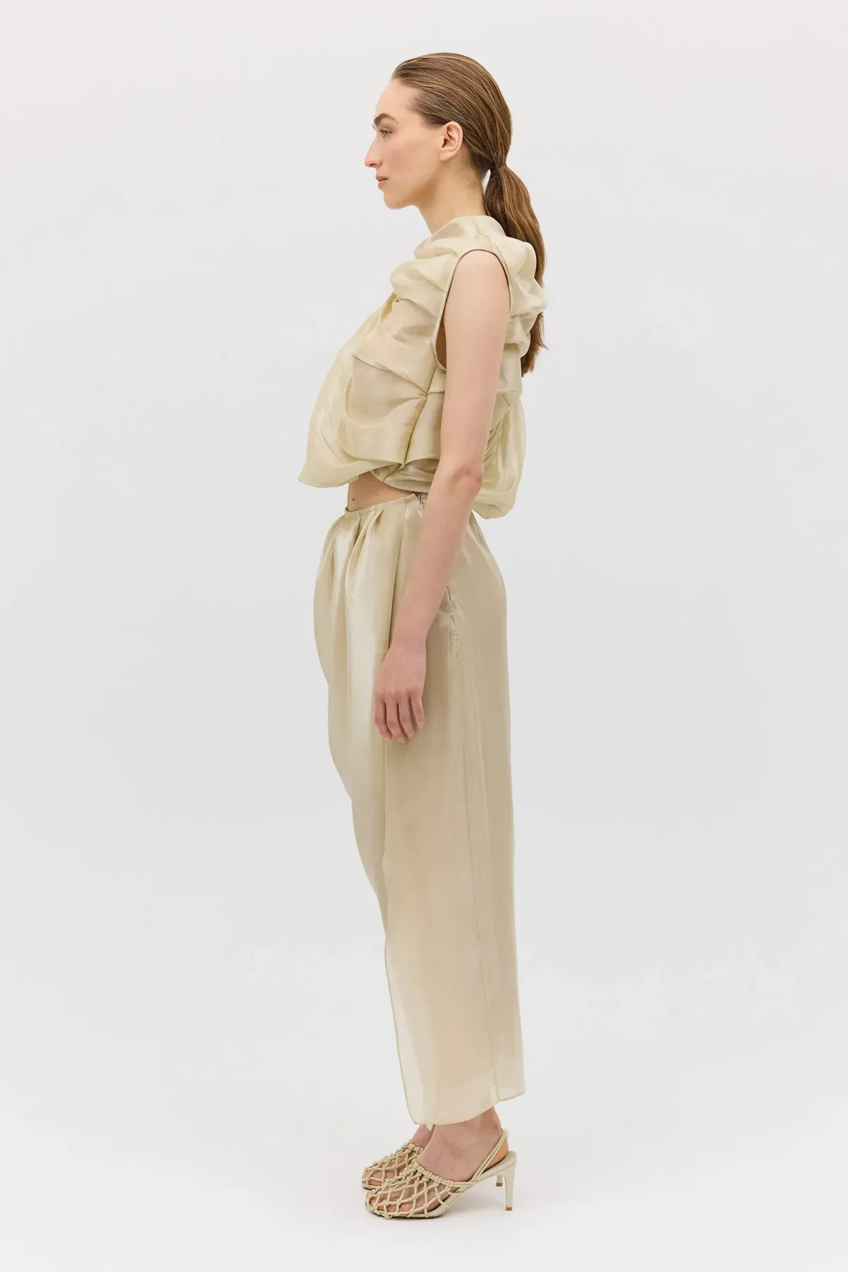 Bianca Spender Champagne Liquid Organza Tumble Top Gold Size 8/S - Image 4