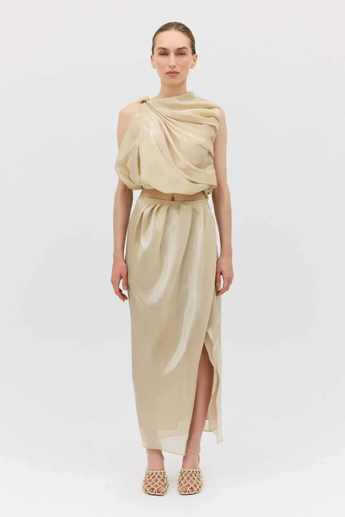 Bianca Spender Champagne Liquid Organza Tumble Top Gold Size 8/S - Image 1