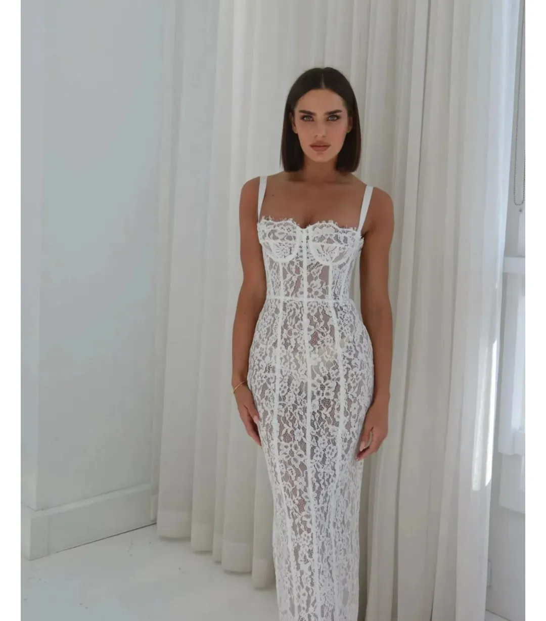 Helsa The Lace Column Midi Dress White Size 8/S for rent on The Volte - main image
