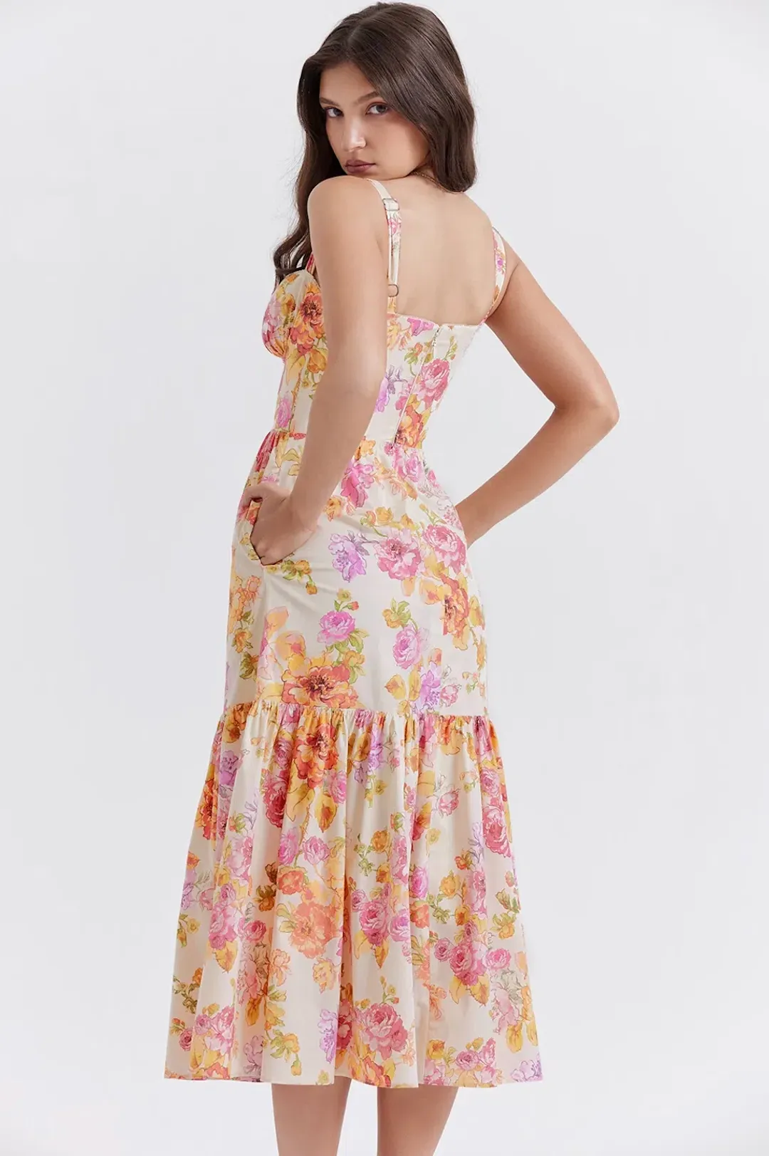 House of CB Elia Ivory Multi Floral Midi Sundress Size 8 for rent on The Volte - main image