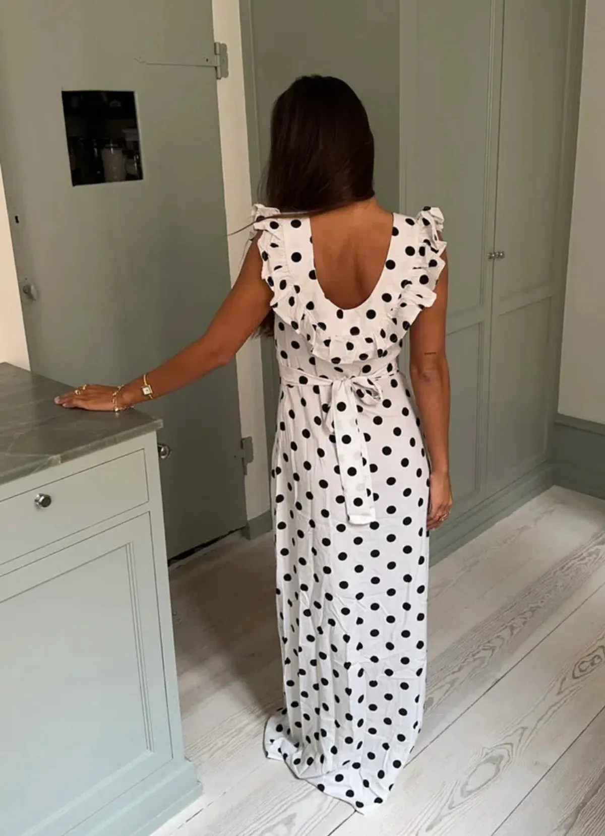 Design By Si Luna Maxi Dress in White with Polka Dots Size XS/AU6 - Image 3