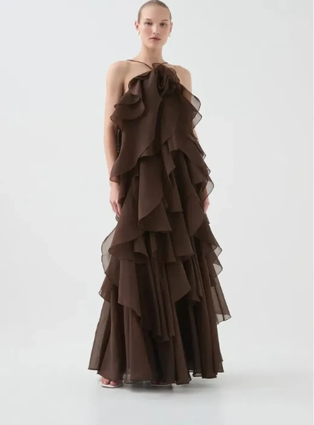 Aje Pandorea Layered Maxi Dress in Carob Brown Size AU 16 for rent on The Volte - main image