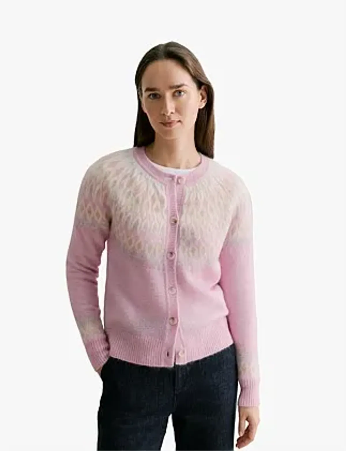 Trenery Fair Isle Jacquard Crew Cardigan in Pink Size L/14 - Image 2