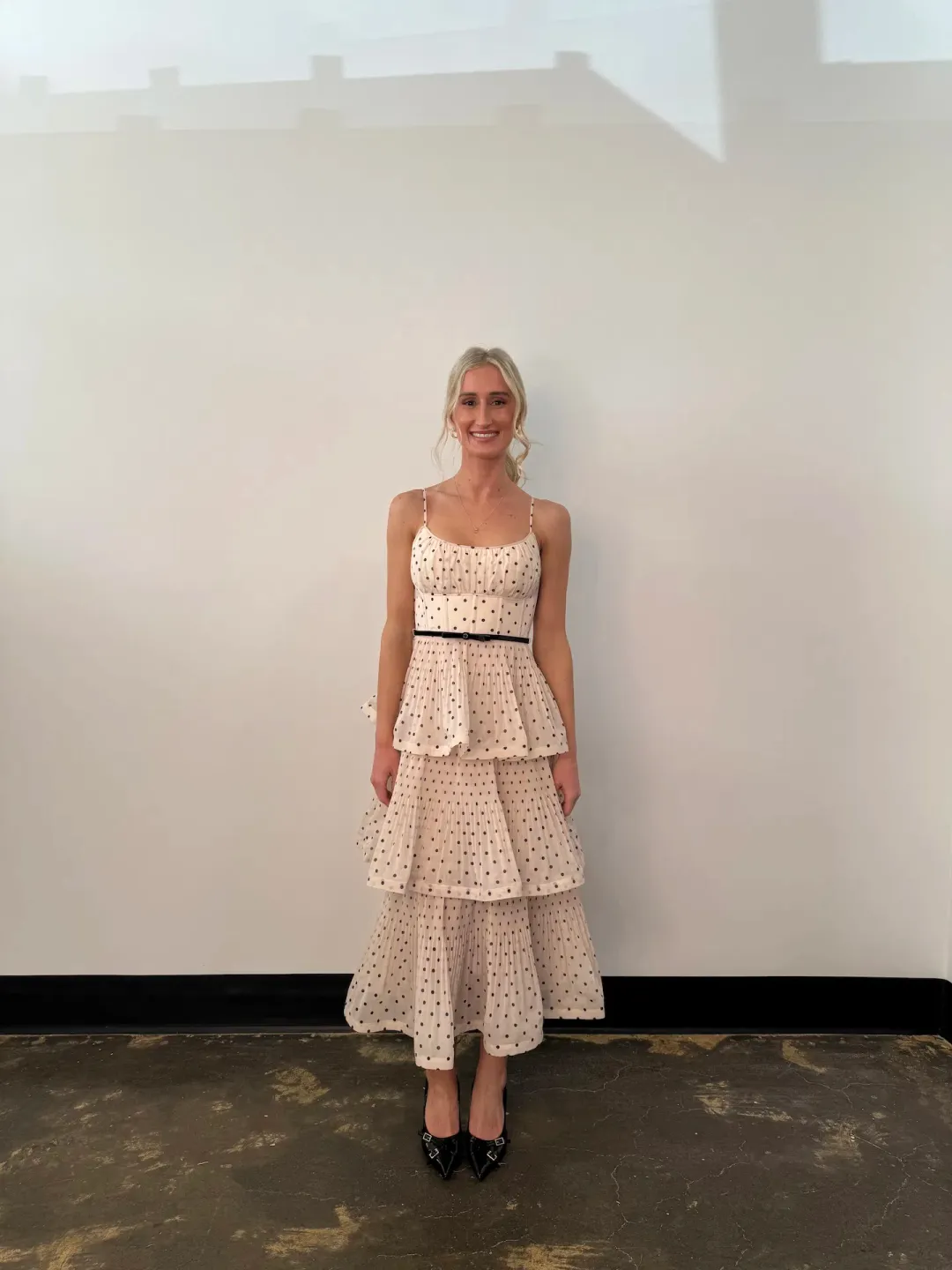 Zimmermann The Pleated Tiered Midi Dress in Cream/Black Polka Dot Size 8 for rent on The Volte - main image