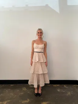 Zimmermann The Pleated Tiered Midi Dress in Cream/Black Polka Dot Size 8 for rent on The Volte - image 1