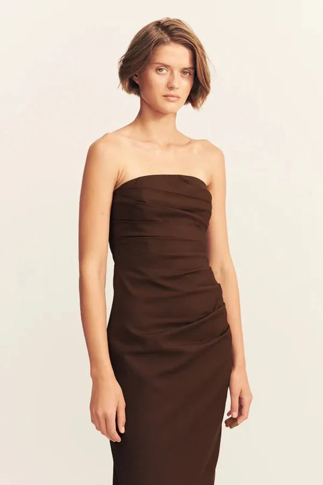 Shona Joy Lani Strapless Draped Maxi Dress Espresso Size AU 14 for rent on The Volte - main image