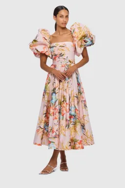 Leo Lin Matilda Puff Sleeve Midi Dress Opulent Print in Blush Size 14 for rent on The Volte - image 4