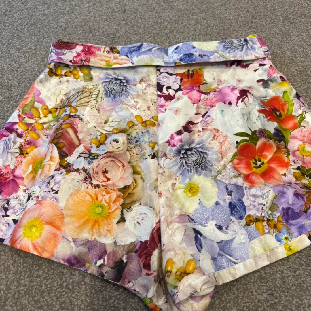 Zimmermann Prima Silk High Waisted Shorts with Belt in Multi Floral Size 3 / AU 14 for rent on The Volte - main image