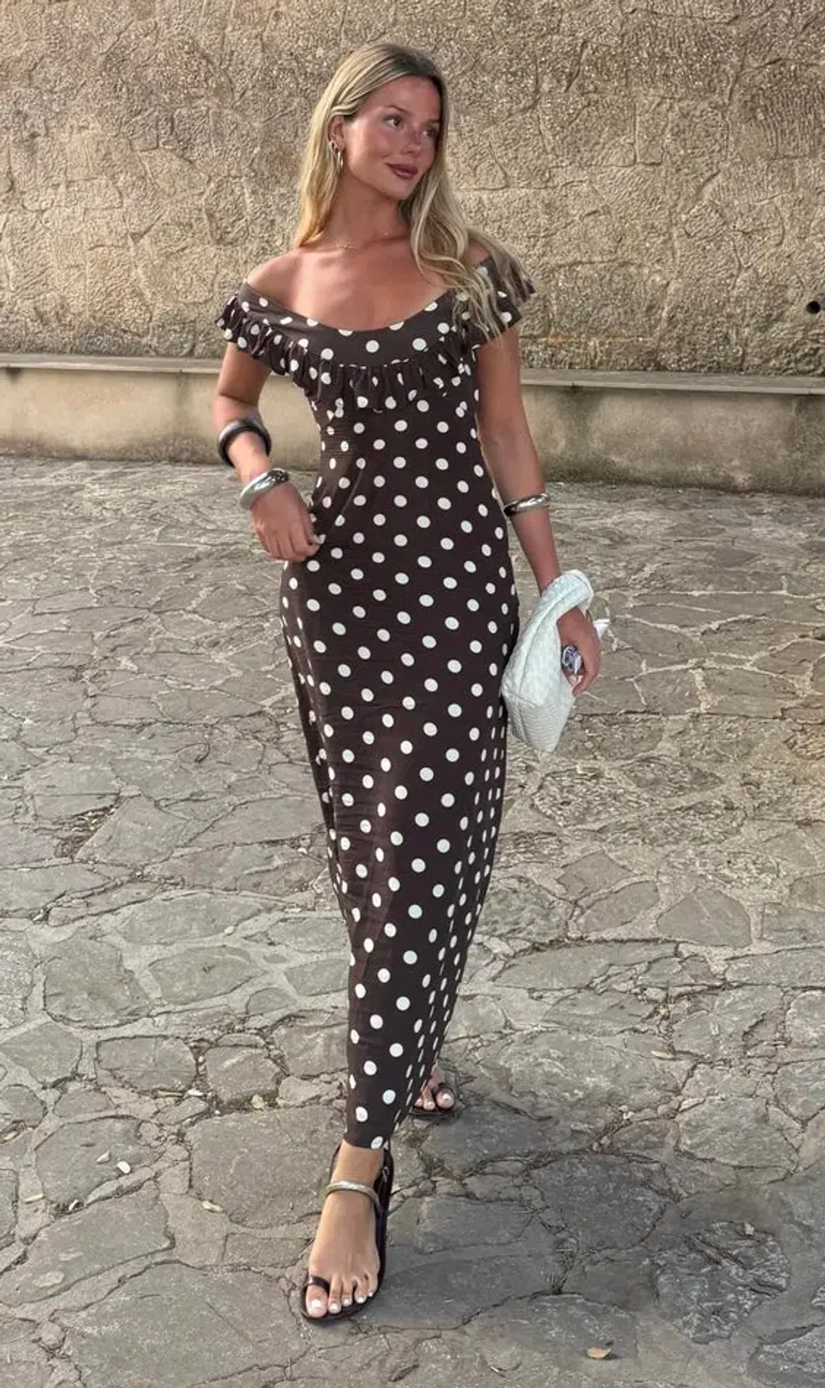 Design By Si Luna Dress Maxi Dress Brown Polka Size 8 - Image 1