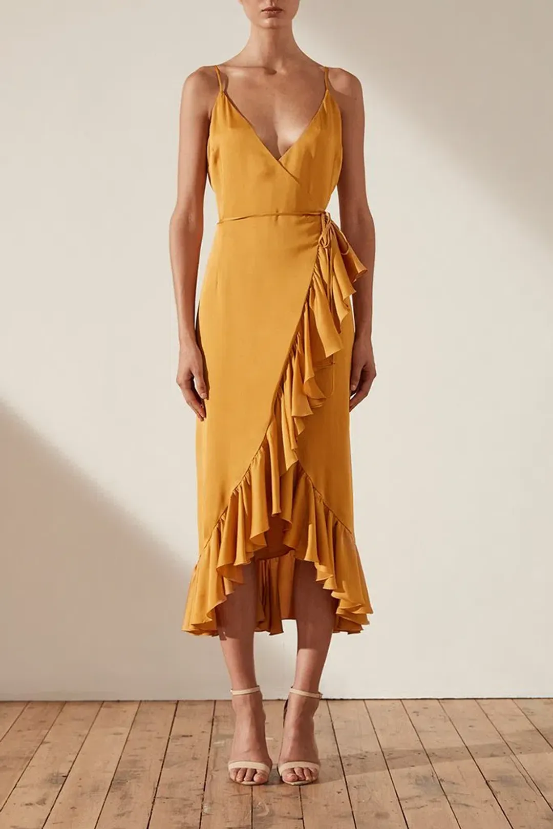 Shona Joy Oro Cocktail Wrap Midi Dress Gold Size 12 for rent on The Volte - main image