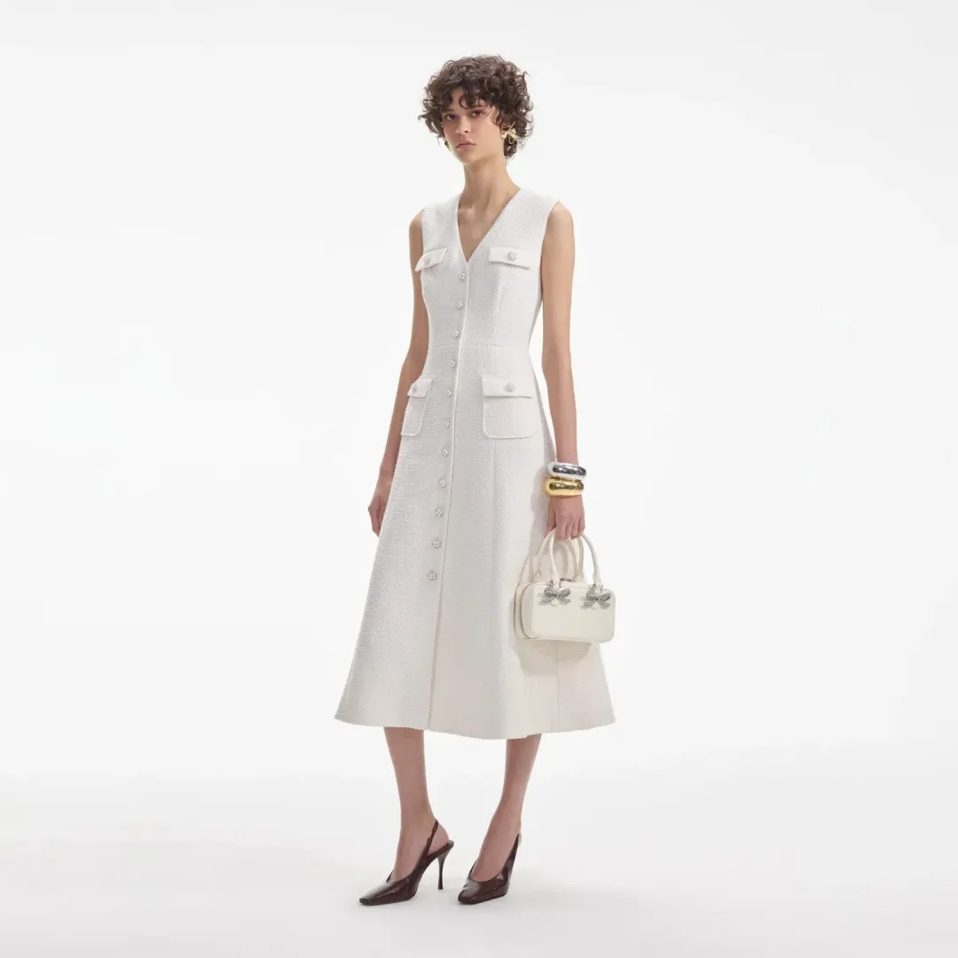 Self-Portrait Cream Tinsel Boucle Buttoned Midi Dress Size 10 for rent on The Volte - main image