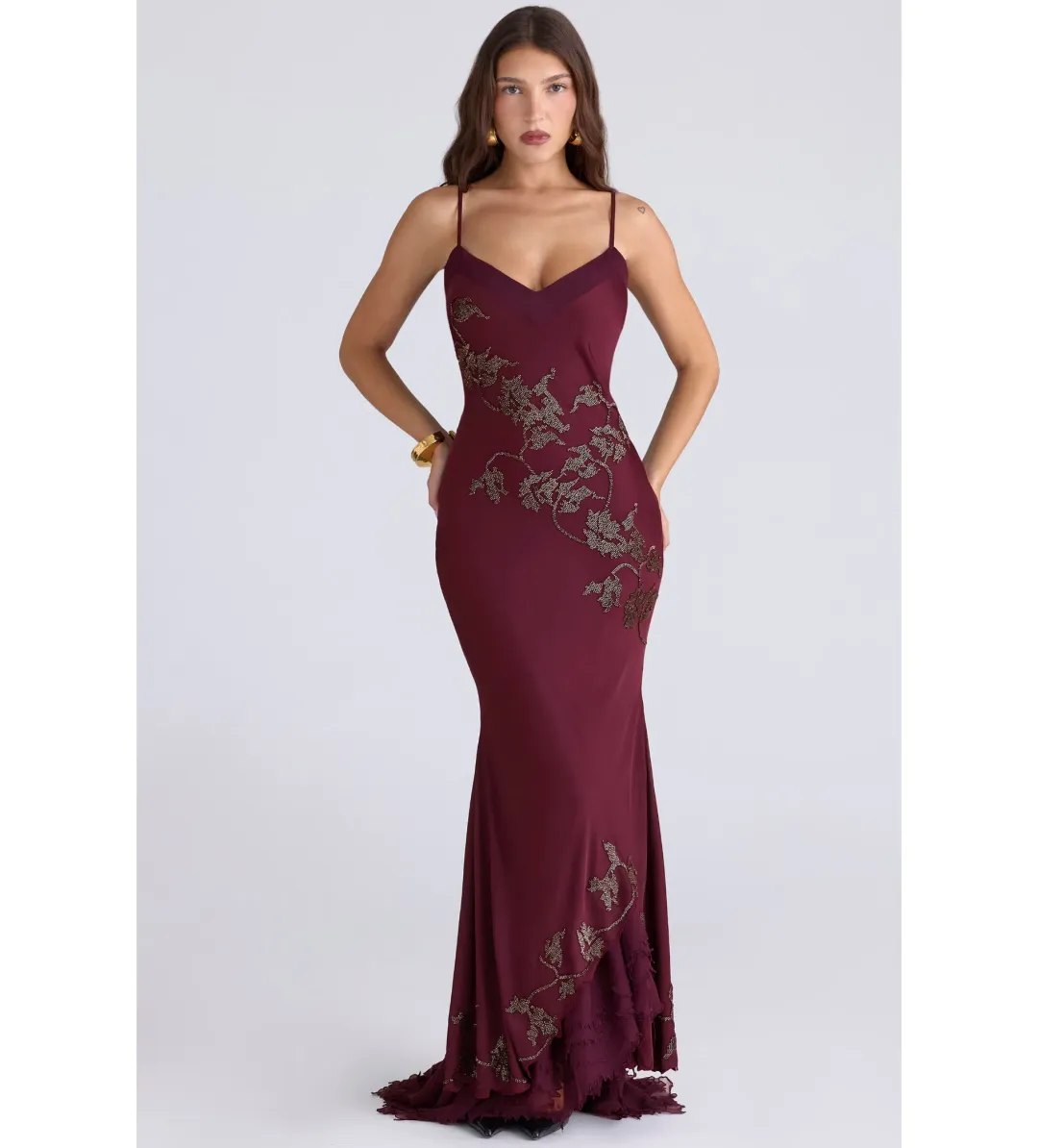 House Of CB Anastelle Limited Edition Maxi Gown Plum Hand Beaded Embellished Satin Size XS/AU 6 for rent on The Volte - main image