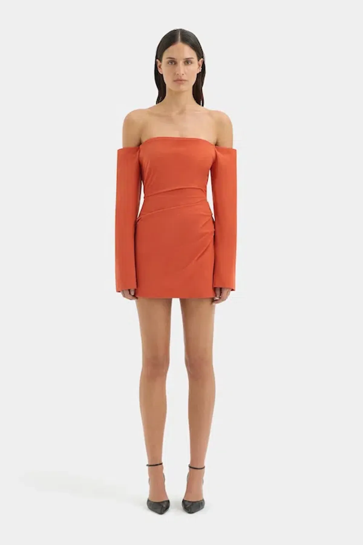 Sir The Label Rossana Off Shoulder Mini Dress Terracotta Size 3 / AU 12 for rent on The Volte - main image