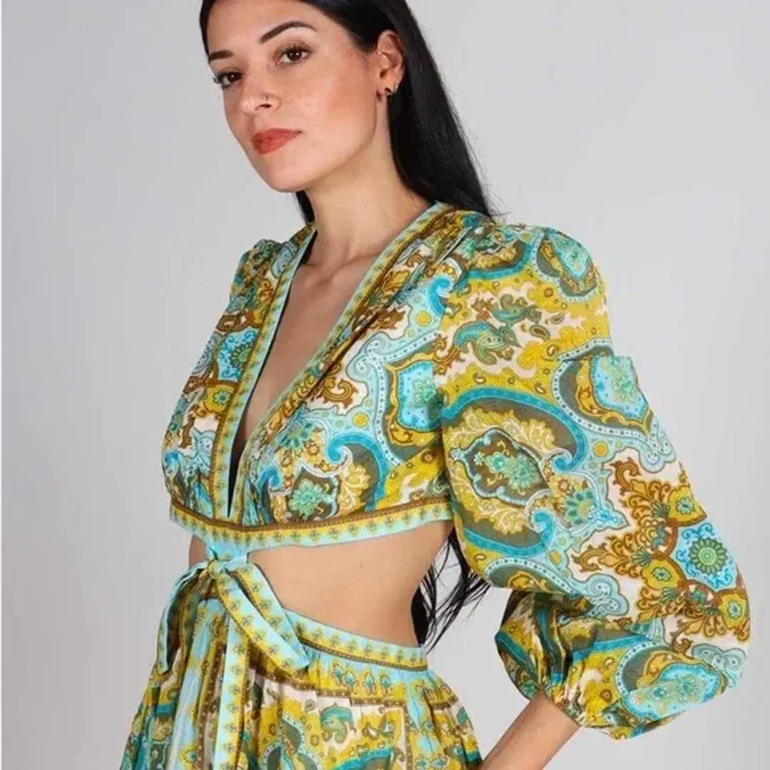 Zimmermann Halcyon Tie Front Midi Dress Size Multi Print 1 / AU 10 for rent on The Volte - main image