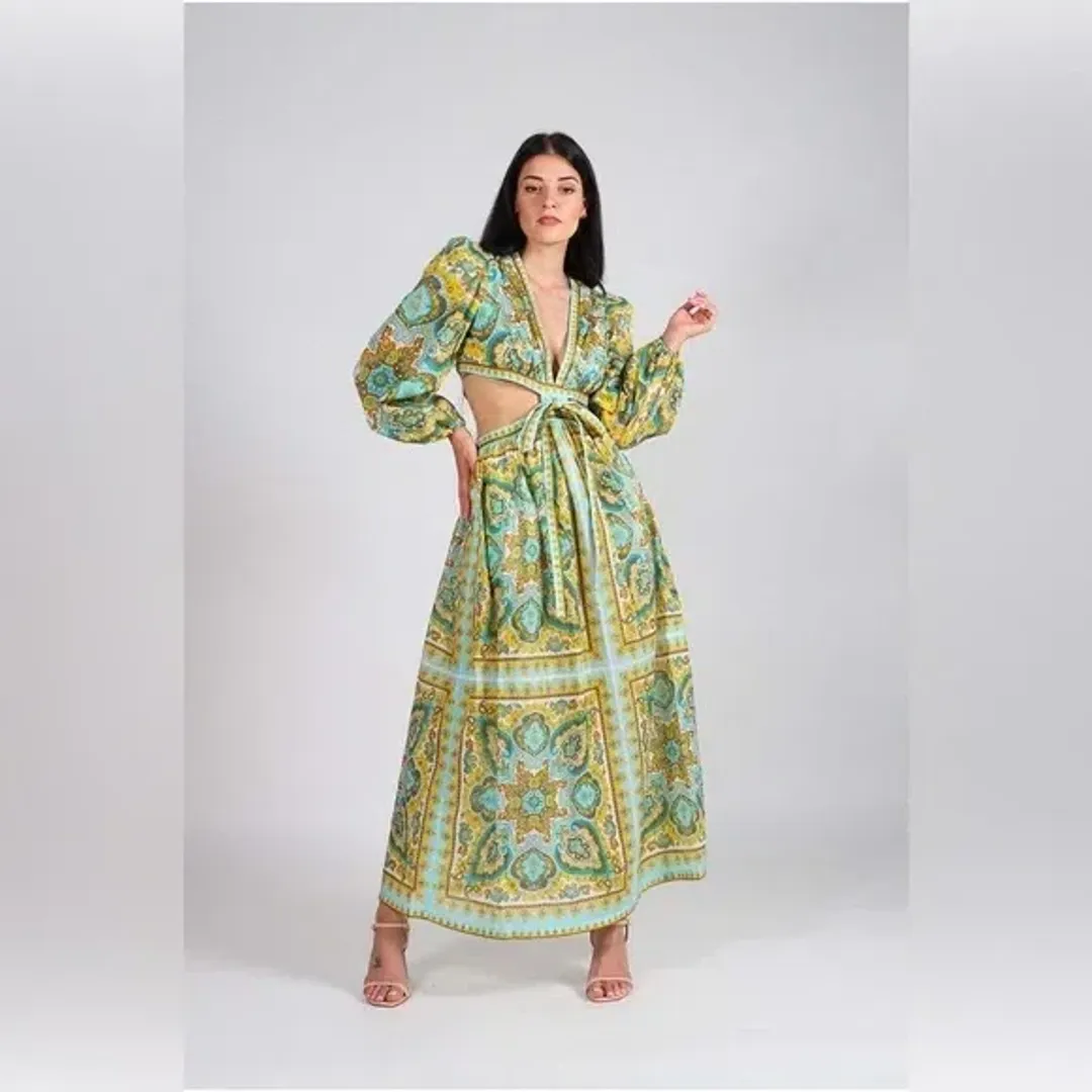 Zimmermann Halcyon Tie Front Midi Dress Size Multi Print 1 / AU 10 for rent on The Volte - main image