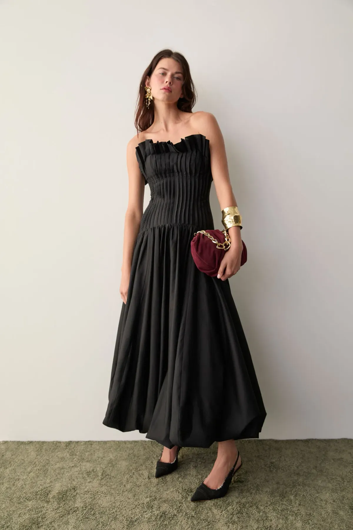 Aje Ivy Bubble Hem Midi Gown Black Size 12 for rent on The Volte - main image
