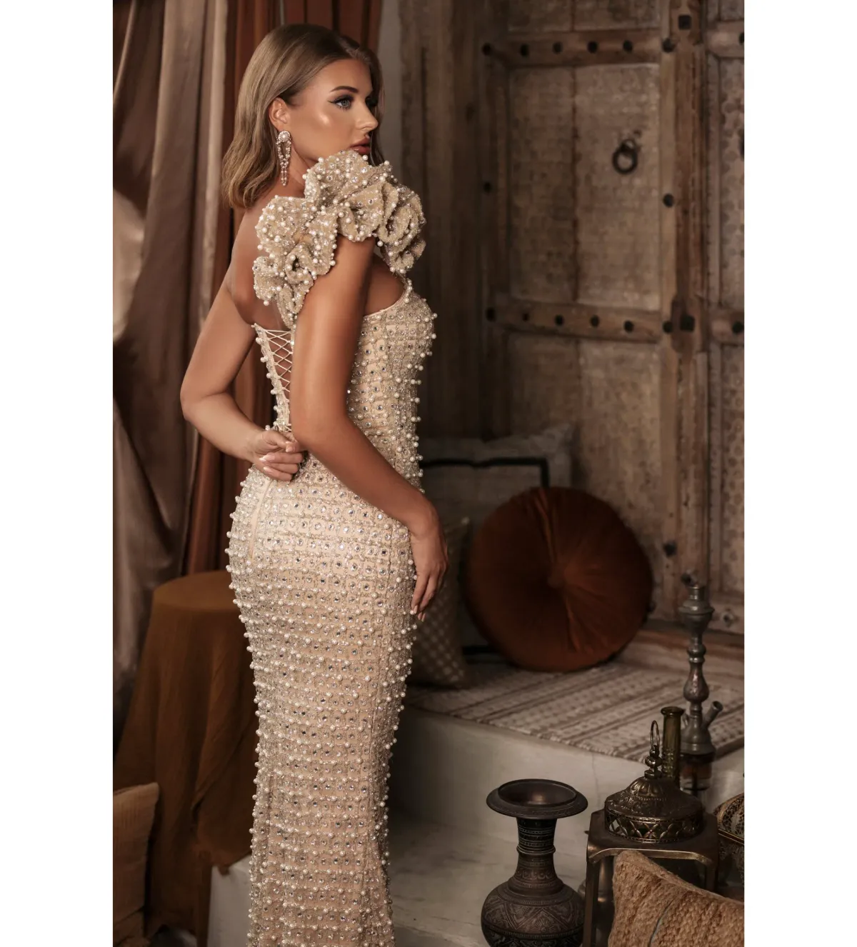 Gold Couture Hana Pearl & Swarovski Beaded Ruffle Shoulder Gown Gold Size AU 12 - Image 4