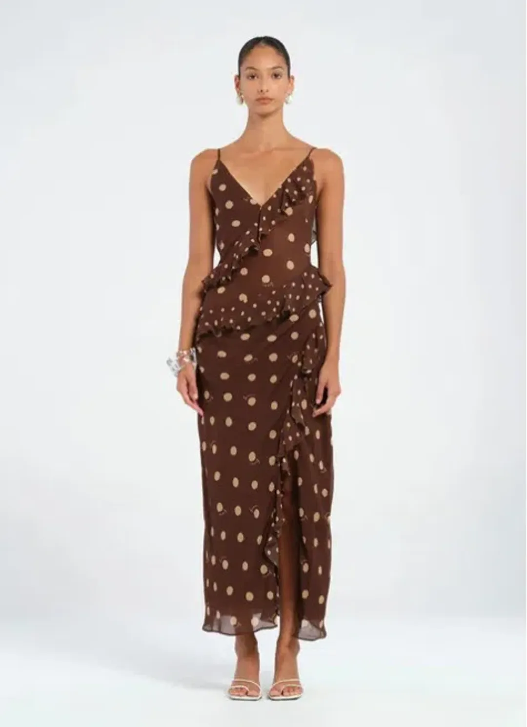 Benni Weston Ruffle Midi Dress Espresso Polka Dot Brown Size M/ AU 10 for rent on The Volte - main image