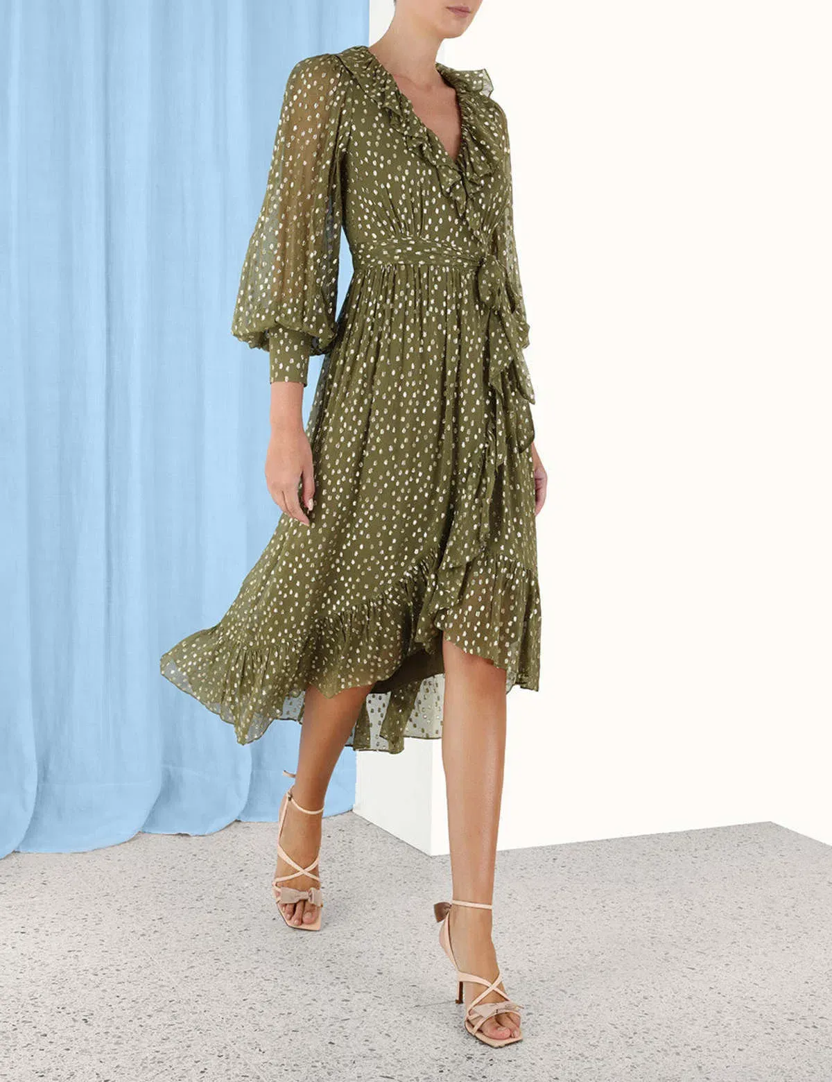 Zimmermann Lurex Wrap Midi in Khaki - Image 1