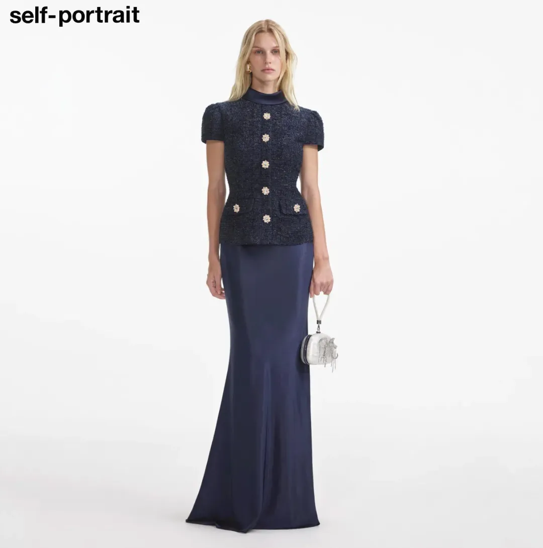 Self Portrait Navy Metallic Boucle Maxi Dress Size Small for rent on The Volte - main image