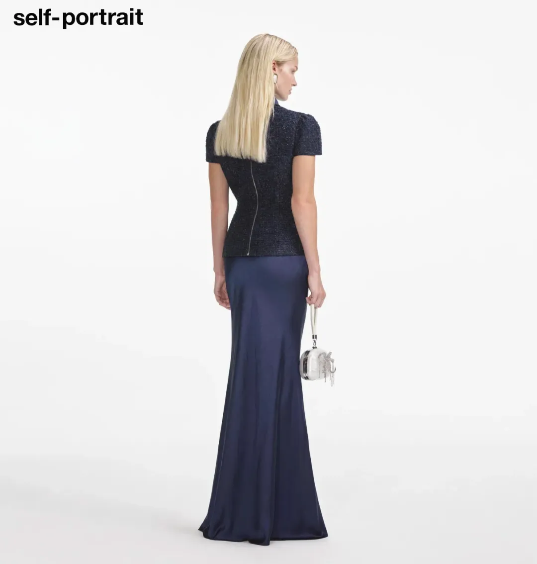 Self Portrait Navy Metallic Boucle Maxi Dress Size Small for rent on The Volte - main image