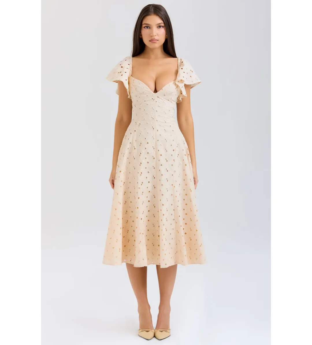 House of CB Amaya Midi Dress in Cream Tea Broderie Anglais Size L/AU12 for rent on The Volte - main image