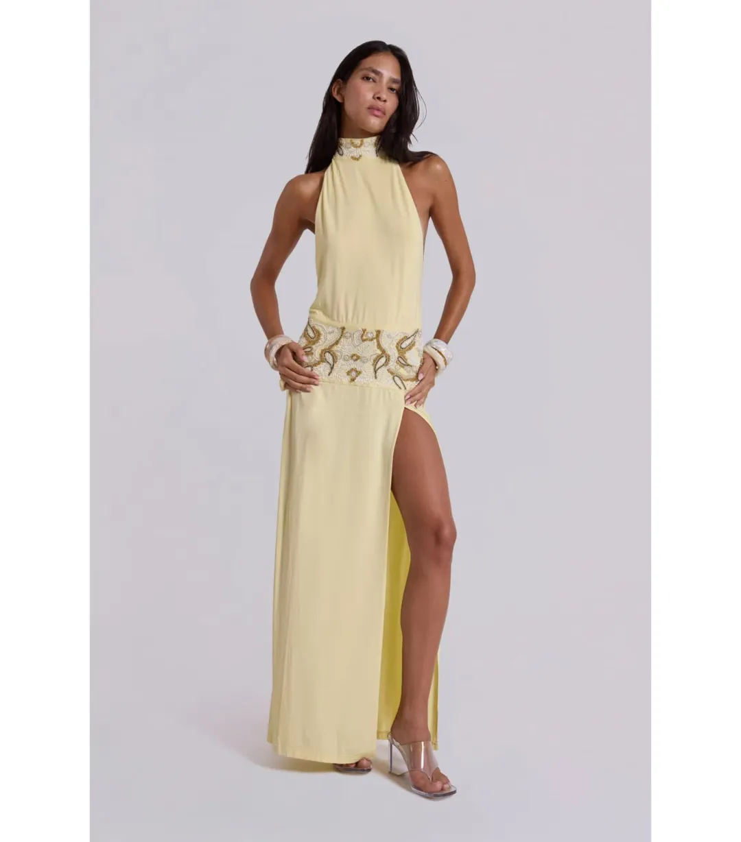 Jaded London Darya Hand Beaded Backless Maxi Dress in Butter Size AU 6 for rent on The Volte - main image