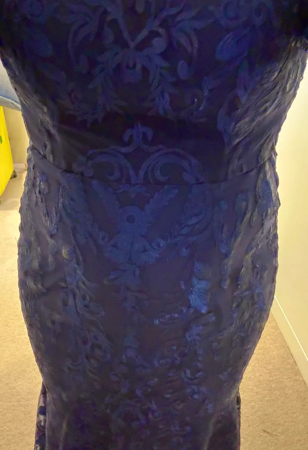 Formal Gown by Bariano Navy Lace 3/4 sleeves tapered length for rent on The Volte - main image