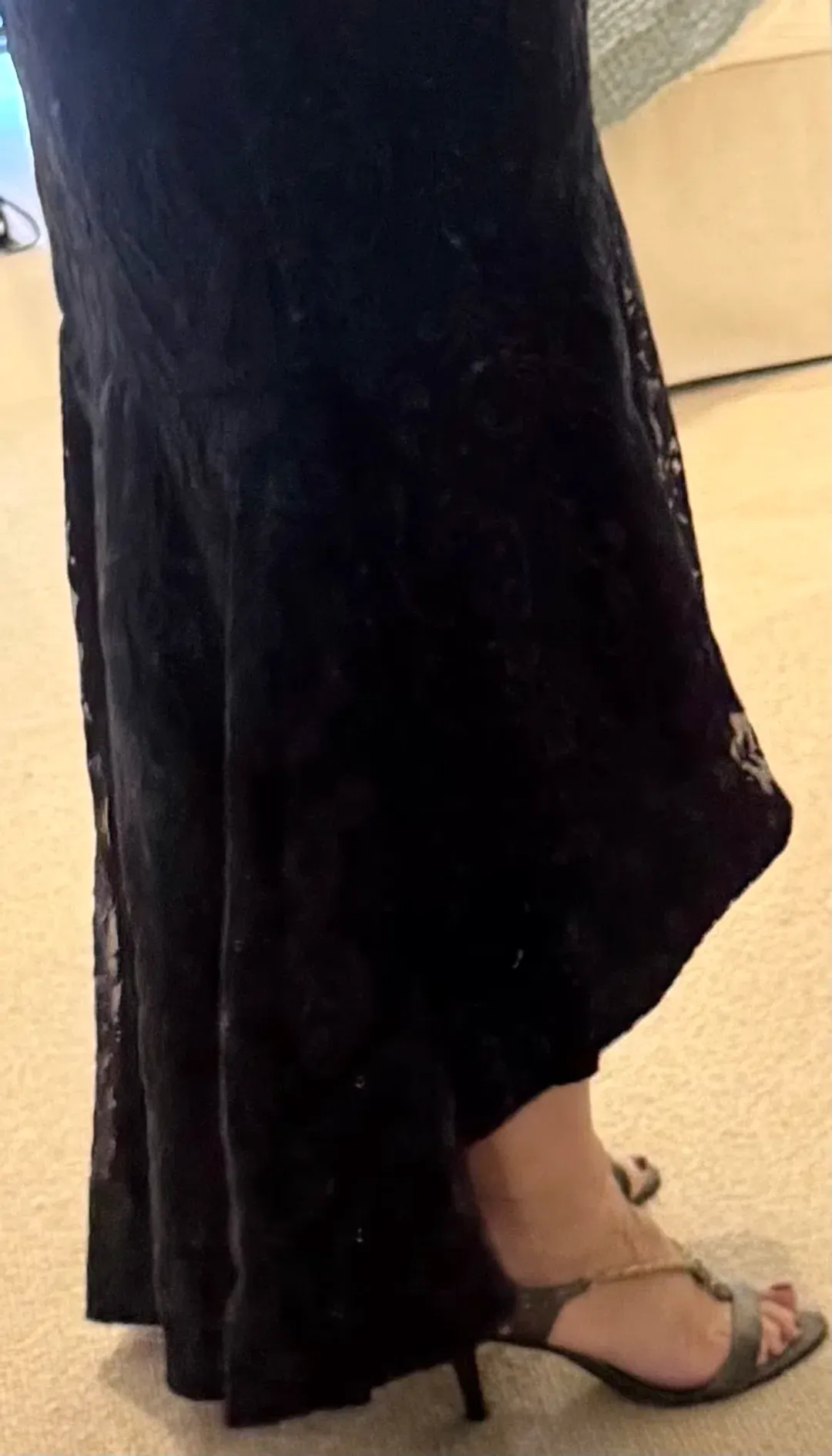 Formal Gown by Bariano Navy Lace 3/4 sleeves tapered length for rent on The Volte - main image