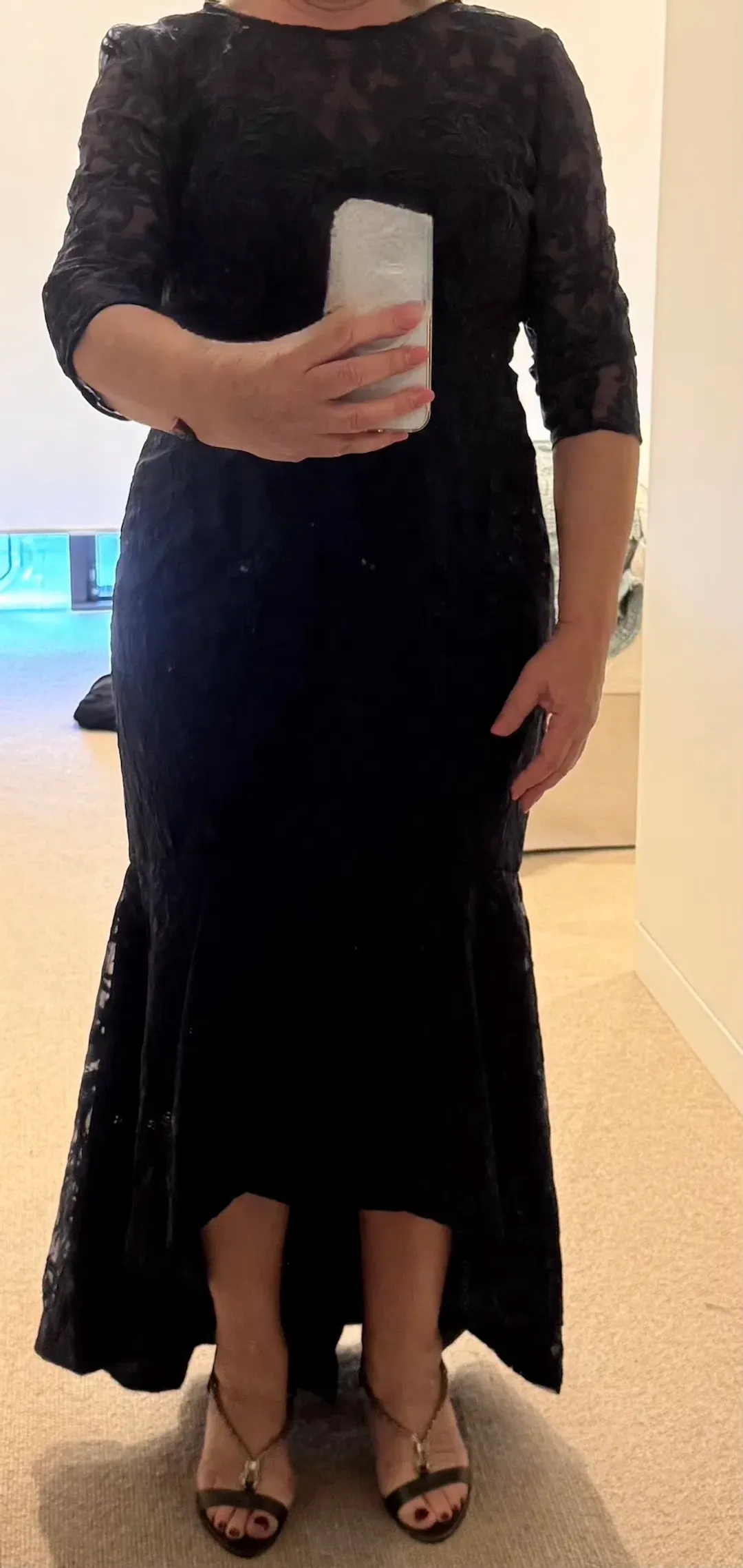 Formal Gown by Bariano Navy Lace 3/4 sleeves tapered length for rent on The Volte - main image