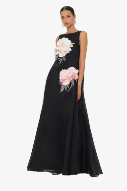 Leo Lin Yumei Applique Floral Open Back Gown in Onyx Black Size AU 12 for rent on The Volte - image 2
