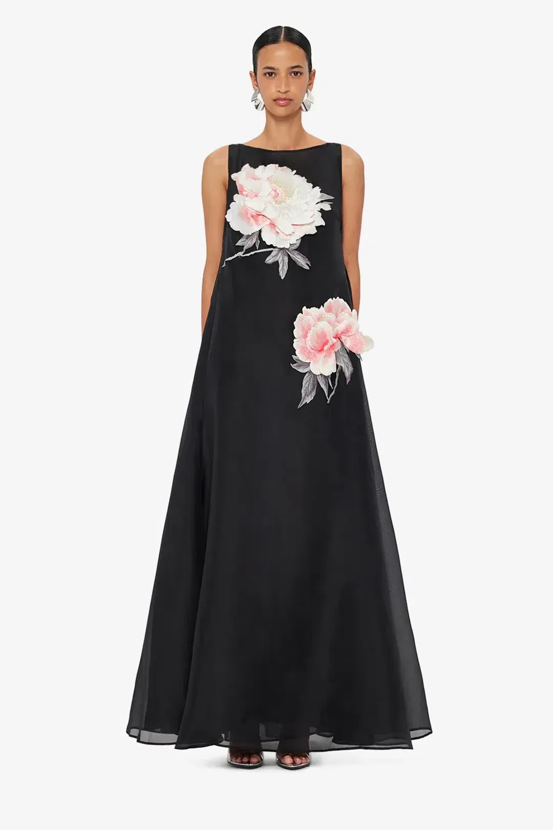 Leo Lin Yumei Applique Floral Open Back Gown in Onyx Black Size AU 12 for rent on The Volte - main image