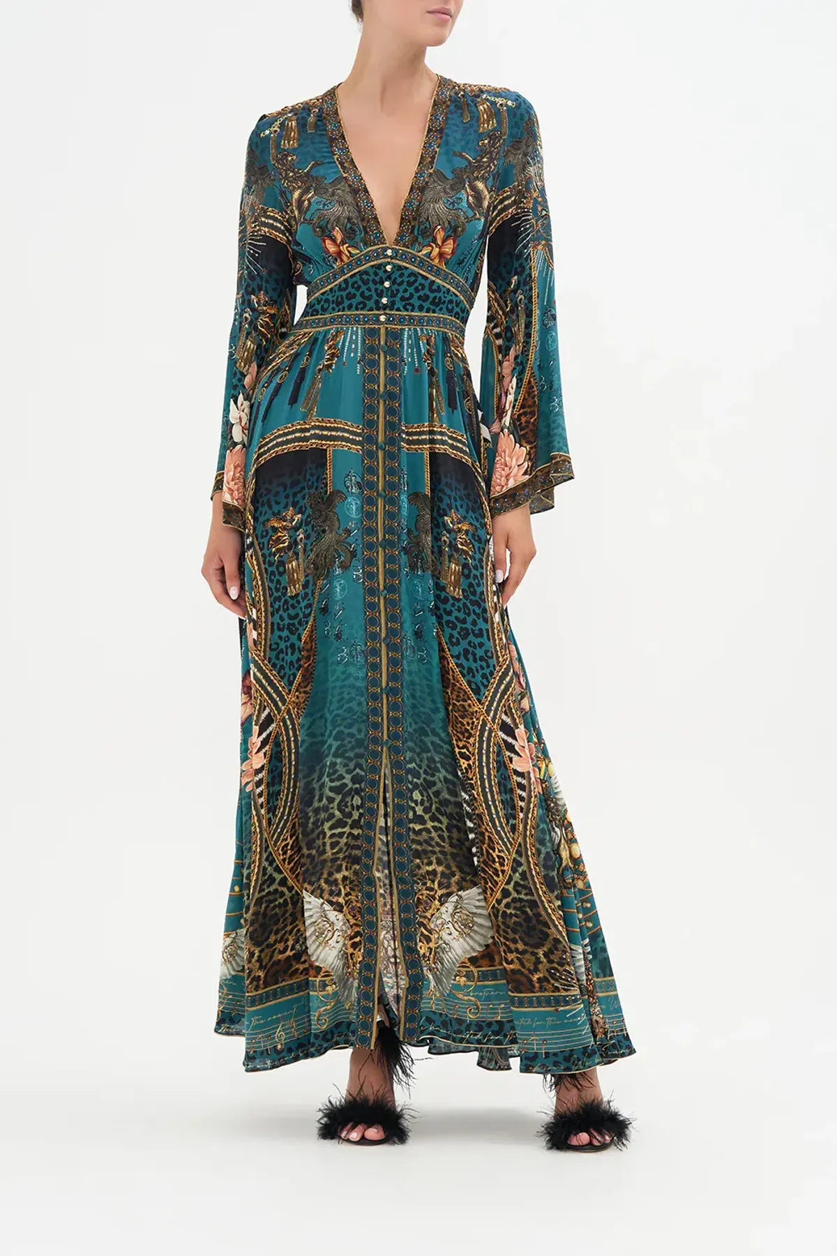 Camilla Kimono Sleeve Dress with Shirring Detail, Tiger Pants Size L/AU14 - Image 1