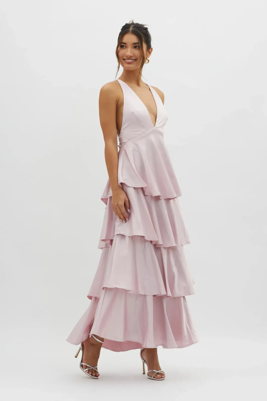 Selfie Leslie Auguste Tiered Frill Strappy Back Dress in Blush Size 8 for rent on The Volte - main image