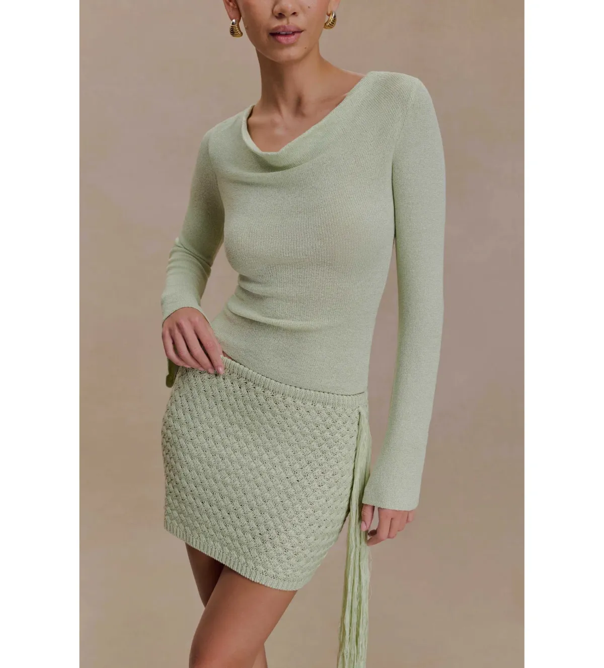 MESHKI Elowen Knit Cowl Long Sleeve Top and Terrymae Crochet Mini Skirt Set Pastel Green Size XS / AU 6 - Image 3