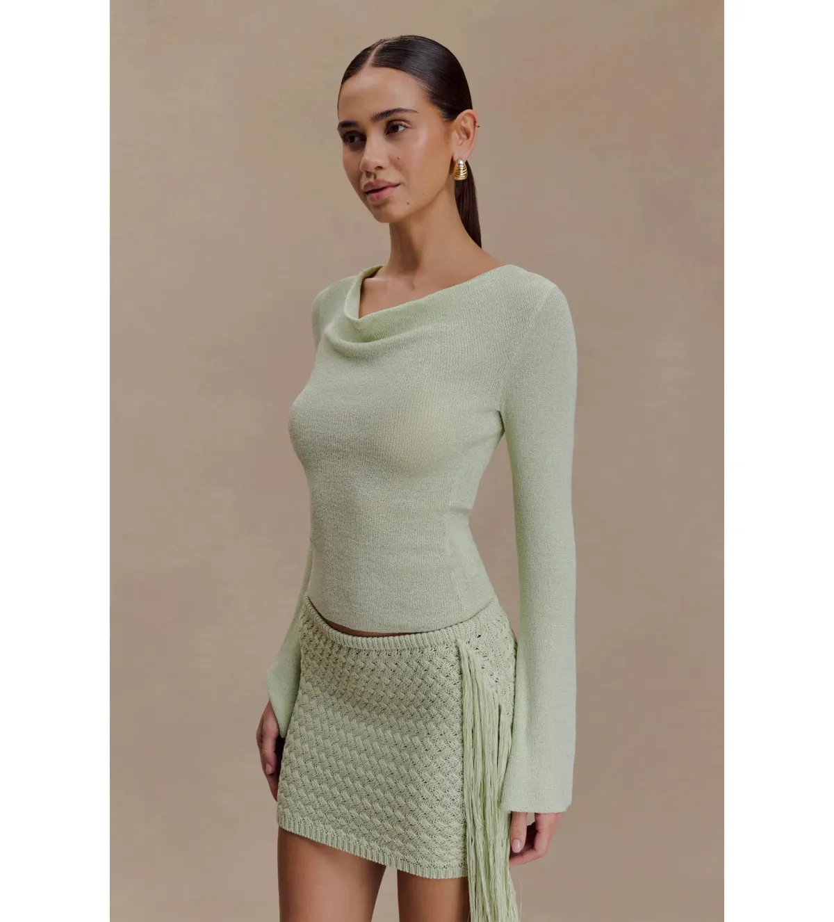 MESHKI Elowen Knit Cowl Long Sleeve Top and Terrymae Crochet Mini Skirt Set Pastel Green Size XS / AU 6 - Image 4