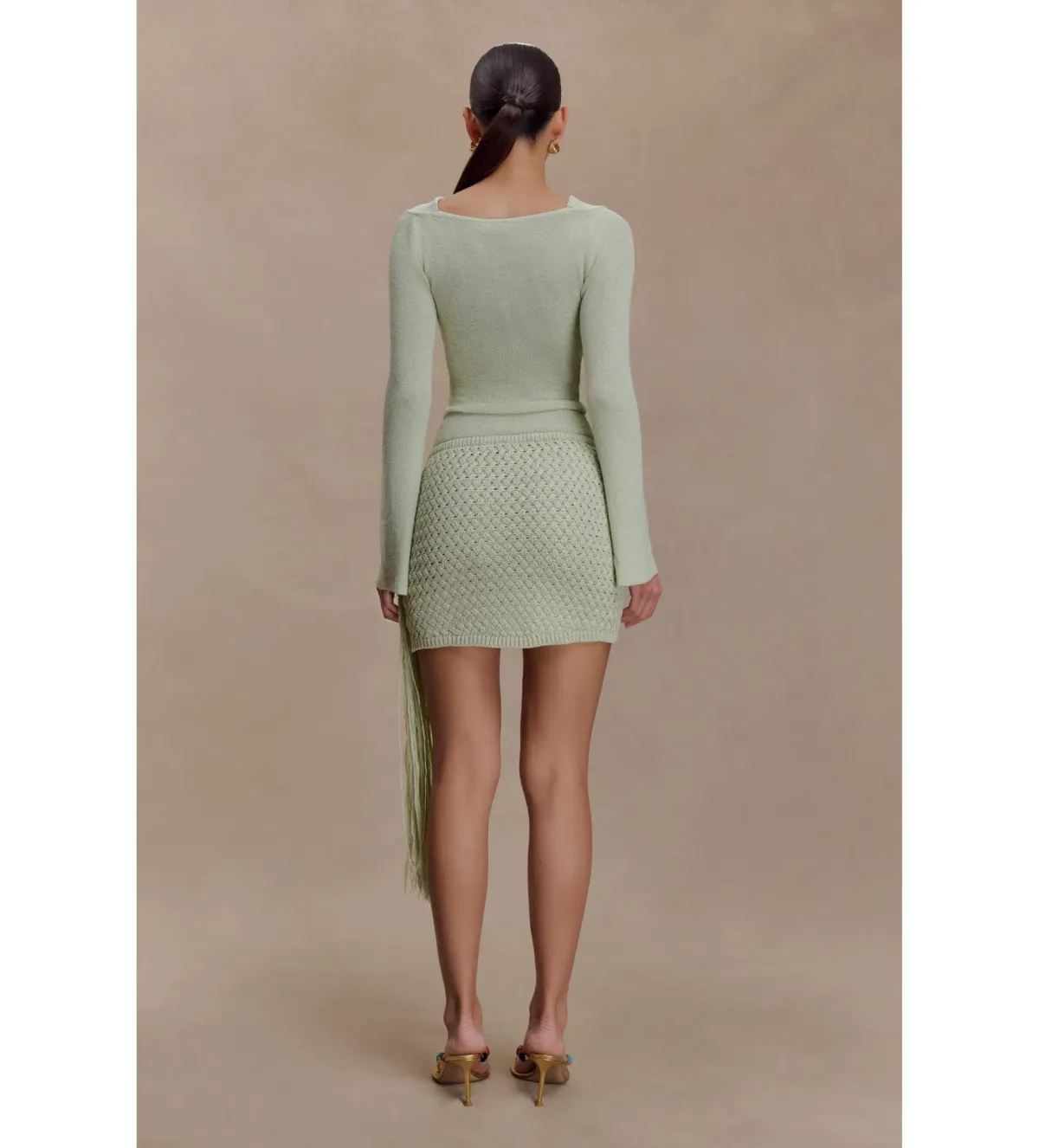 MESHKI Elowen Knit Cowl Long Sleeve Top and Terrymae Crochet Mini Skirt Set Pastel Green Size XS / AU 6 - Image 5