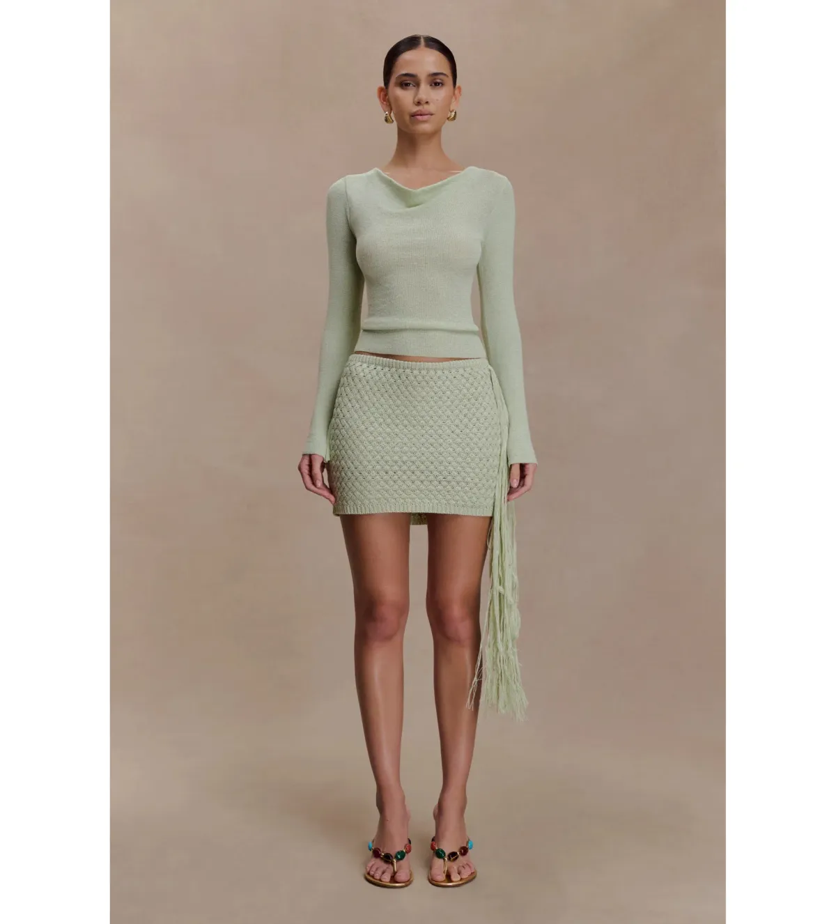 MESHKI Elowen Knit Cowl Long Sleeve Top and Terrymae Crochet Mini Skirt Set Pastel Green Size XS / AU 6 - Image 1