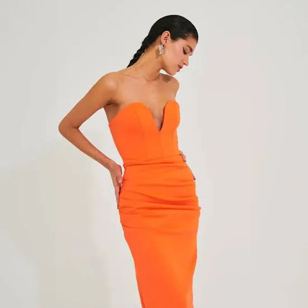 Meraki Strapless Midi Dress Orange Size 8 for rent on The Volte - main image
