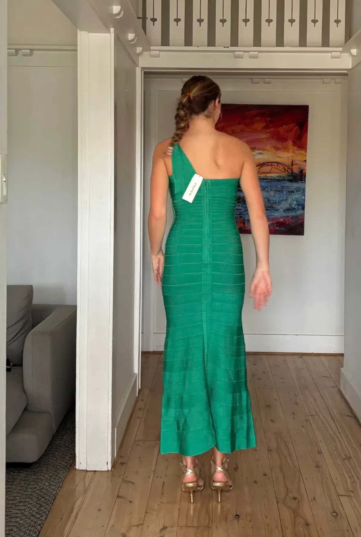 Hervé Léger One-Shoulder Asymmetric Emerald Dress Green Size Small / AU 8 - Image 4