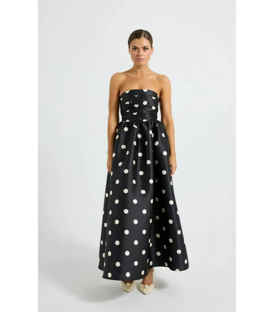 Pasduchas Dottie Strapless Midi Dress Black/Cream Size AU 12 for rent on The Volte - main image