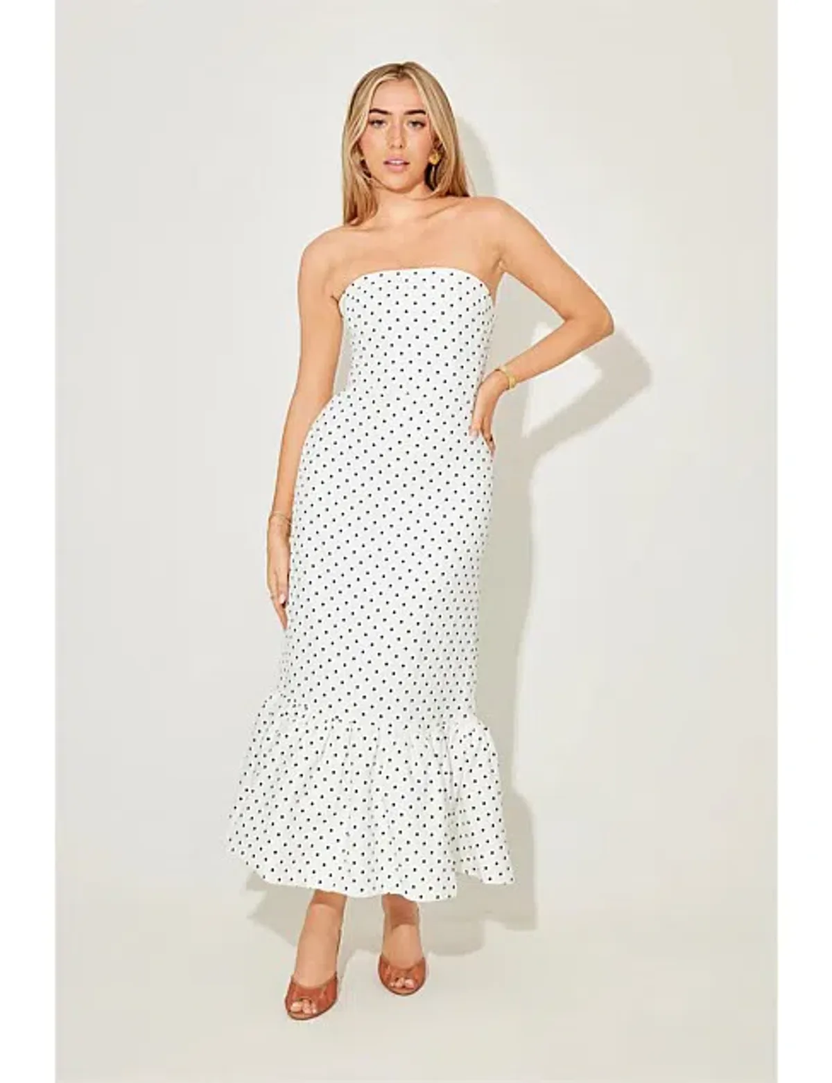 Odd Muse Strapless Peplum Midi Dress in White Polka Dot Size M/AU10 - Image 1