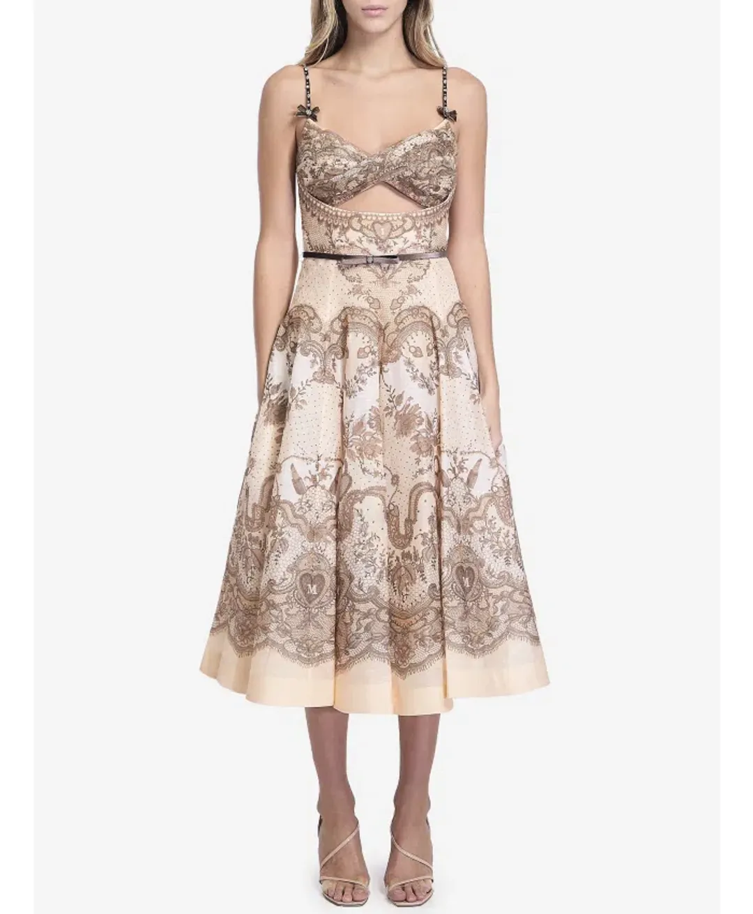 Zimmermann Crush Twist Front Midi Dress in Peach Lace Print Size0/AU8 for rent on The Volte - main image