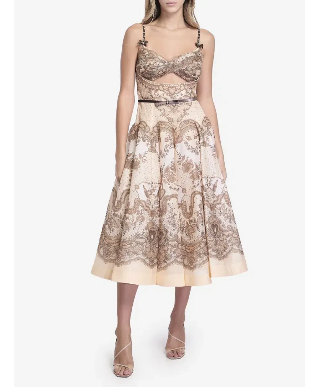 Zimmermann Crush Twist Front Midi Dress in Peach Lace Print Size0/AU8 for rent on The Volte - main image