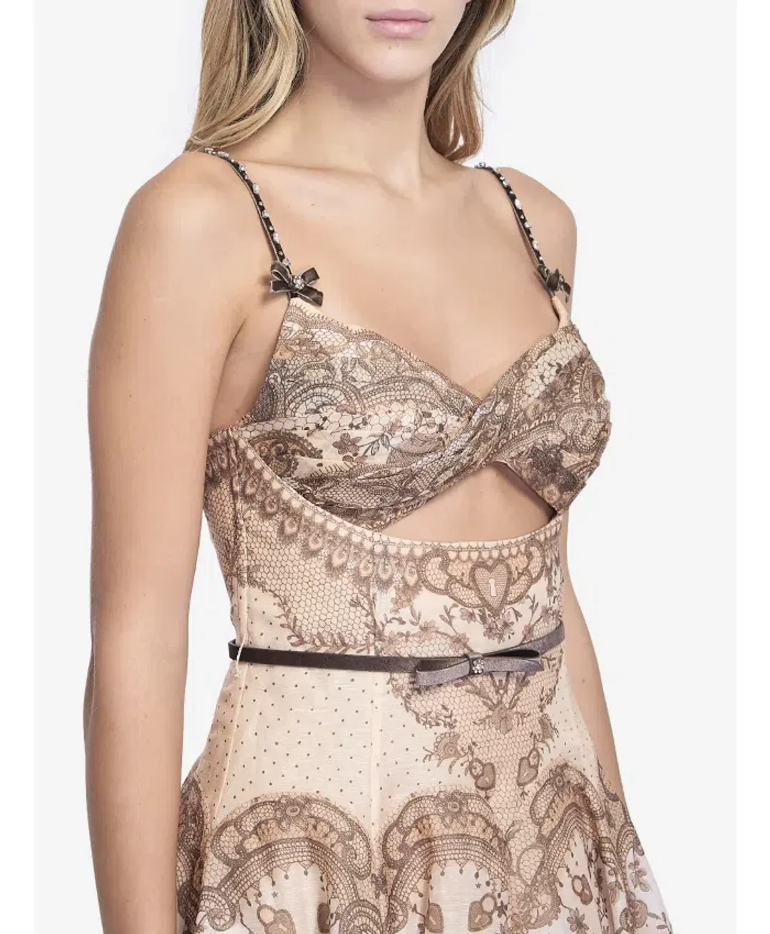 Zimmermann Crush Twist Front Midi Dress in Peach Lace Print Size0/AU8 for rent on The Volte - main image