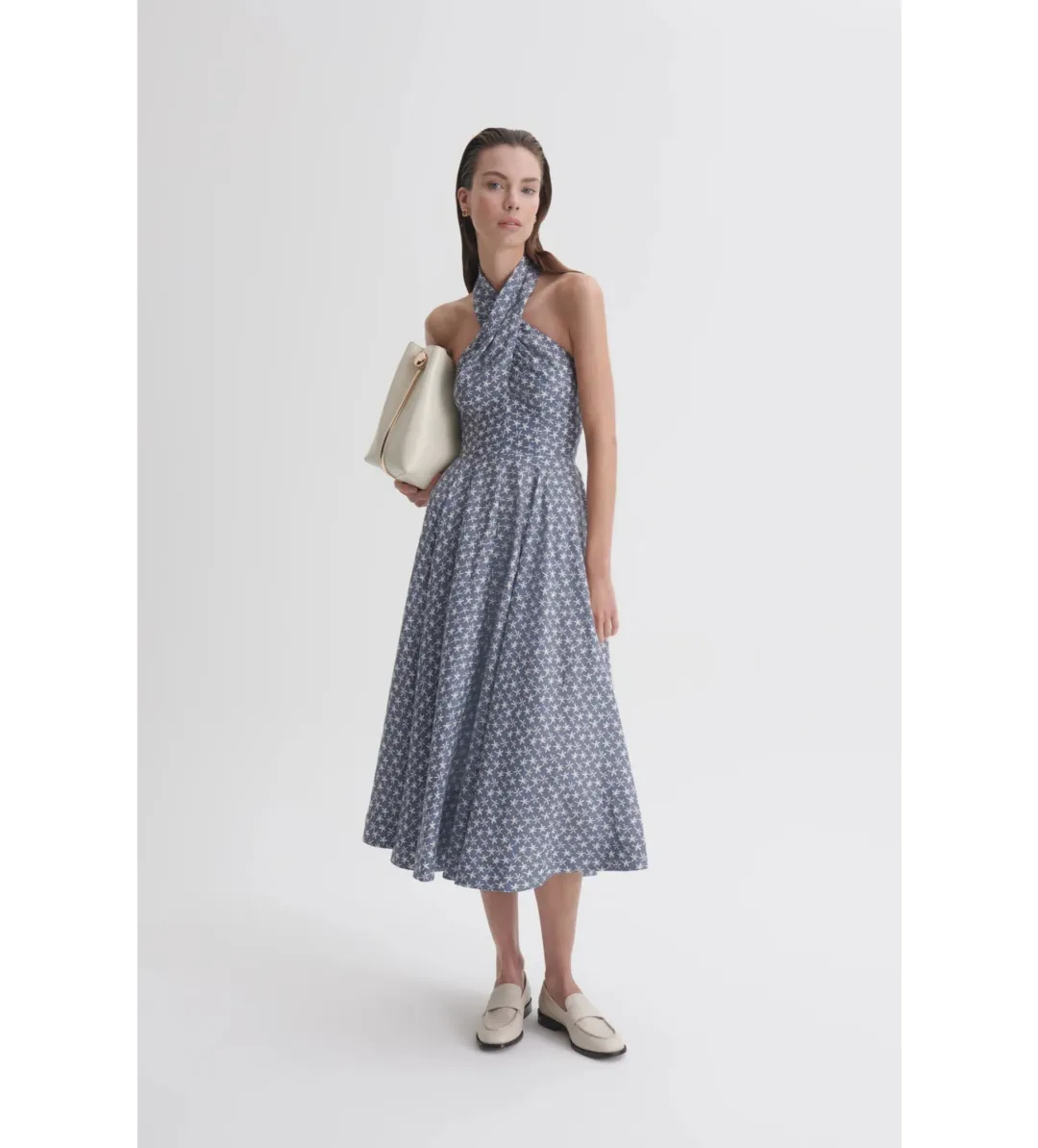 Scanlan Theodore Linen Printed Halter Midi Dress Blue White Size AU 6 for rent on The Volte - main image