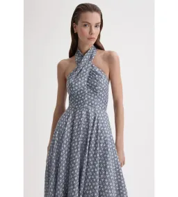 Scanlan Theodore Linen Printed Halter Midi Dress Blue White Size AU 6 for rent on The Volte - image 6