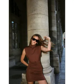 With Harper Lu Structured Shouldered Mini Dress Cafe Brown Size AU 10 for rent on The Volte - image 7