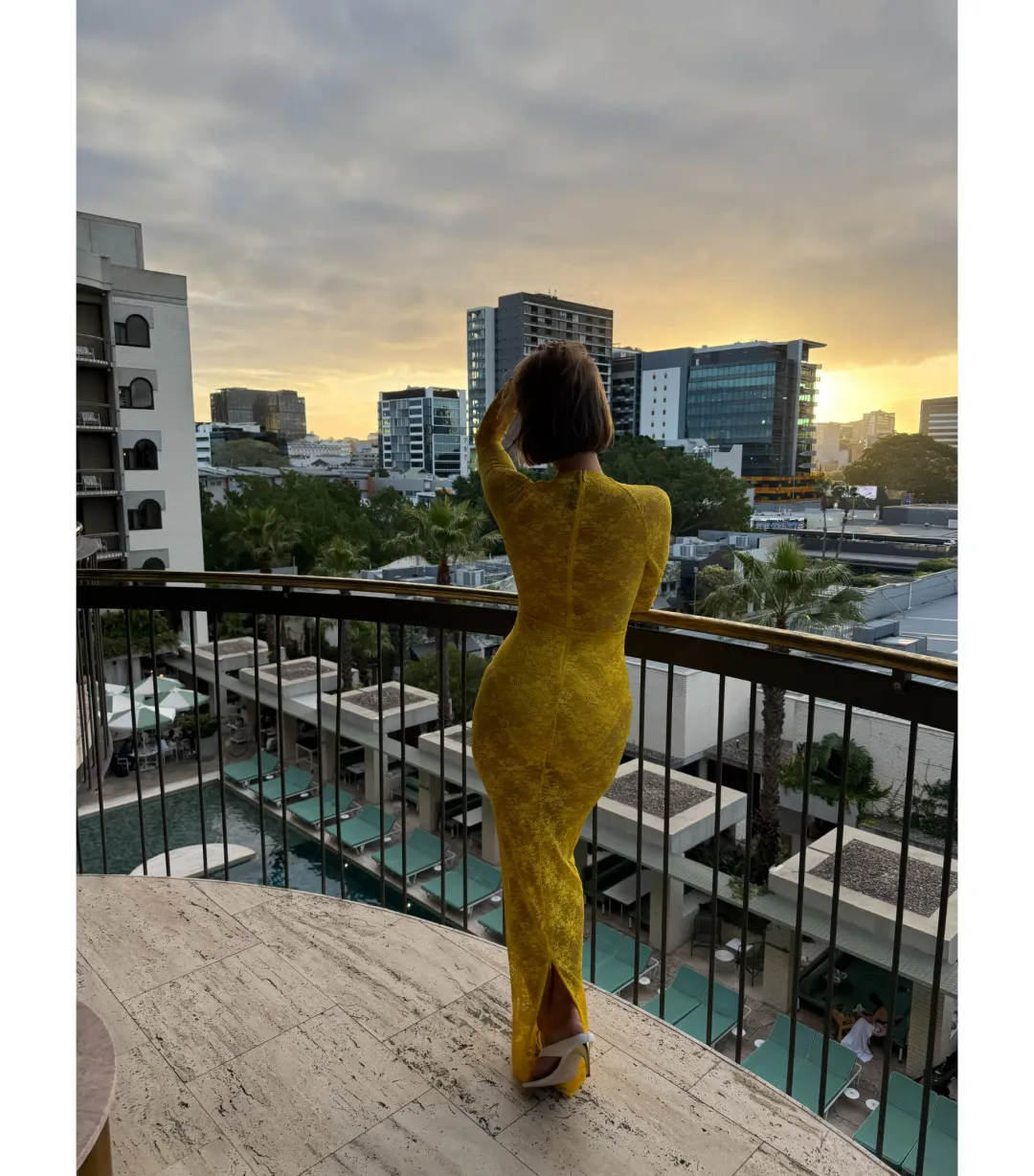 Alex Perry Long Sleeve Halter Column in Lace Yellow Size AU 8 for rent on The Volte - main image