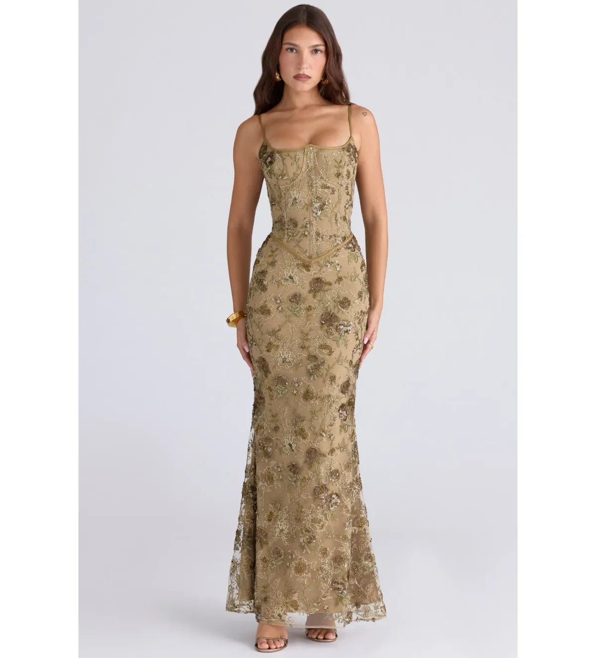 House of CB Naima Olive Bronze Hand Beaded Embellished Corset Maxi Dress Size M/Au 10 - Image 1